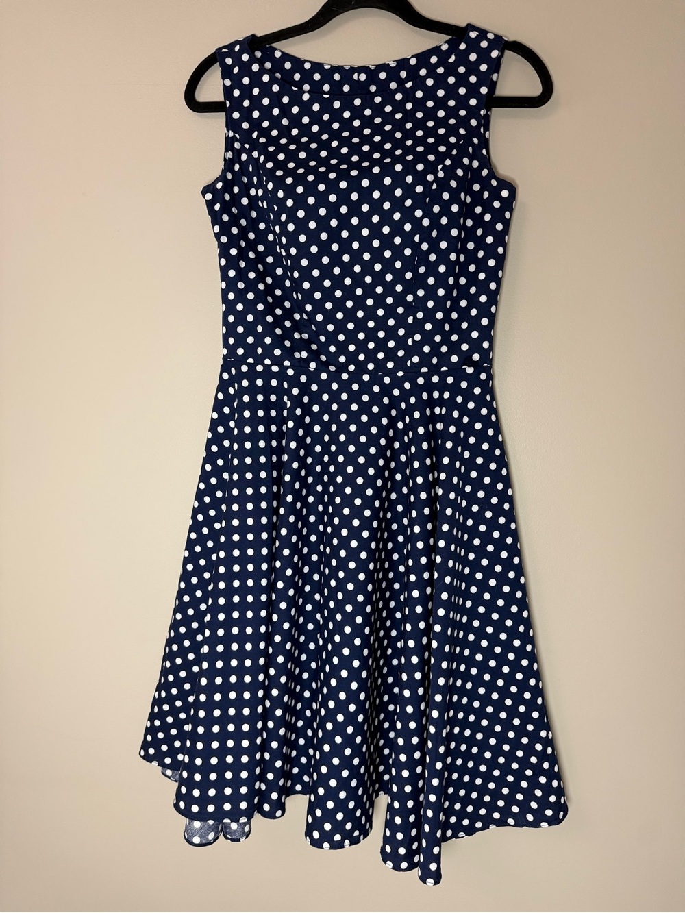 Maggie Tang Vintage 1950s Style Cotton  Navy Blue Polka Dot Swing Dress Size M